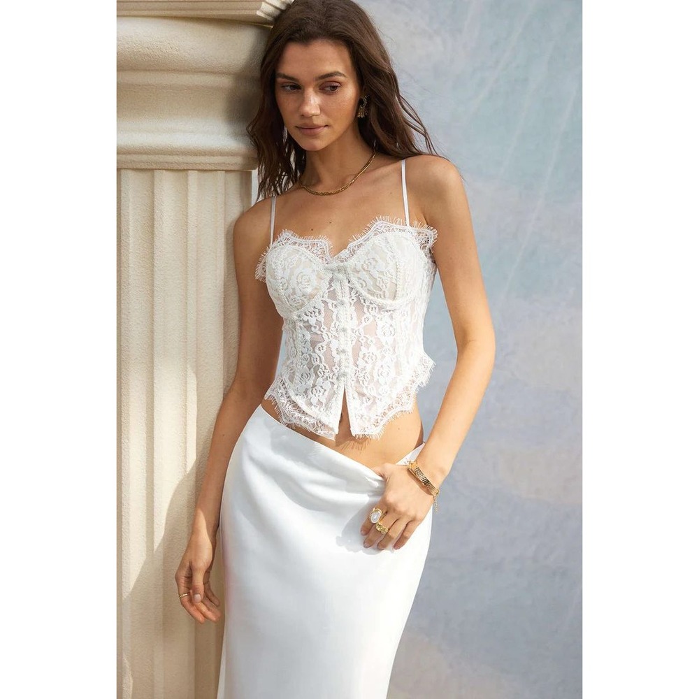 MICAS White Floral Lace Corset Top Eyelash Trim Bustier XS MCWTT2601300010